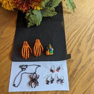 Halloween spider necklace, 3 pr. earrings, pin, hair barrettes